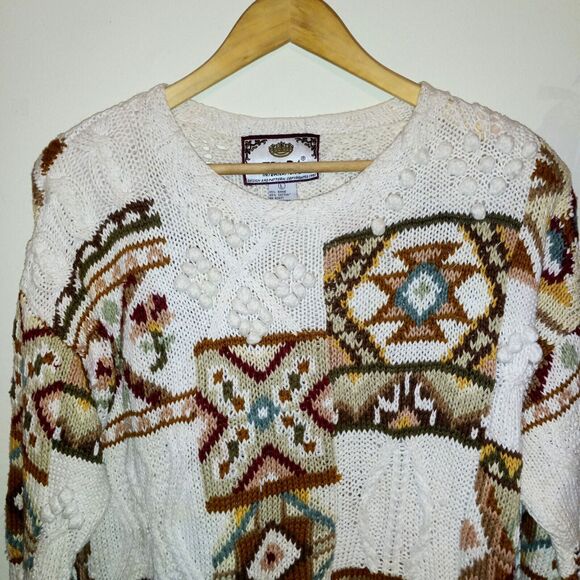 VTG Tiara Chunky Knit Sweater-Large-Geometric-3D Embellishments-Shoulder Pads - Picture 2 of 9